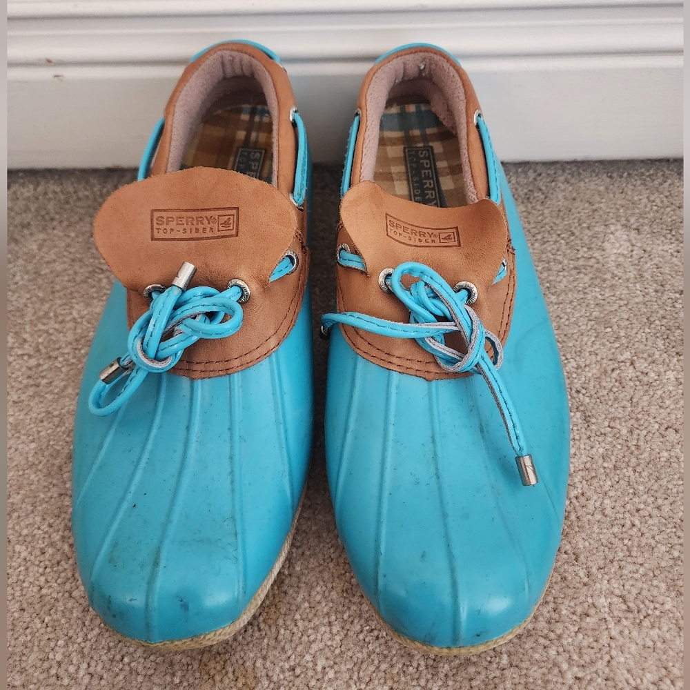 Women's Sperry Top Sider tan and light aqua blue rain/snow boots size 8.5